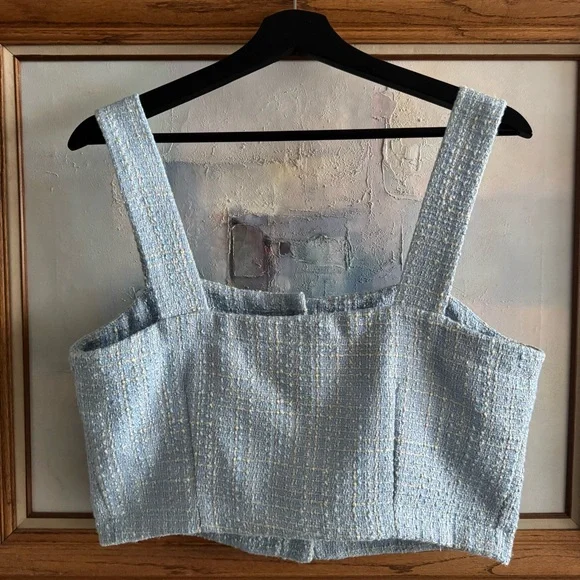 Jason Wu Tweed Top Light Blue Cropped Sleeveless Button Front Size 10 - Picture 3 of 10